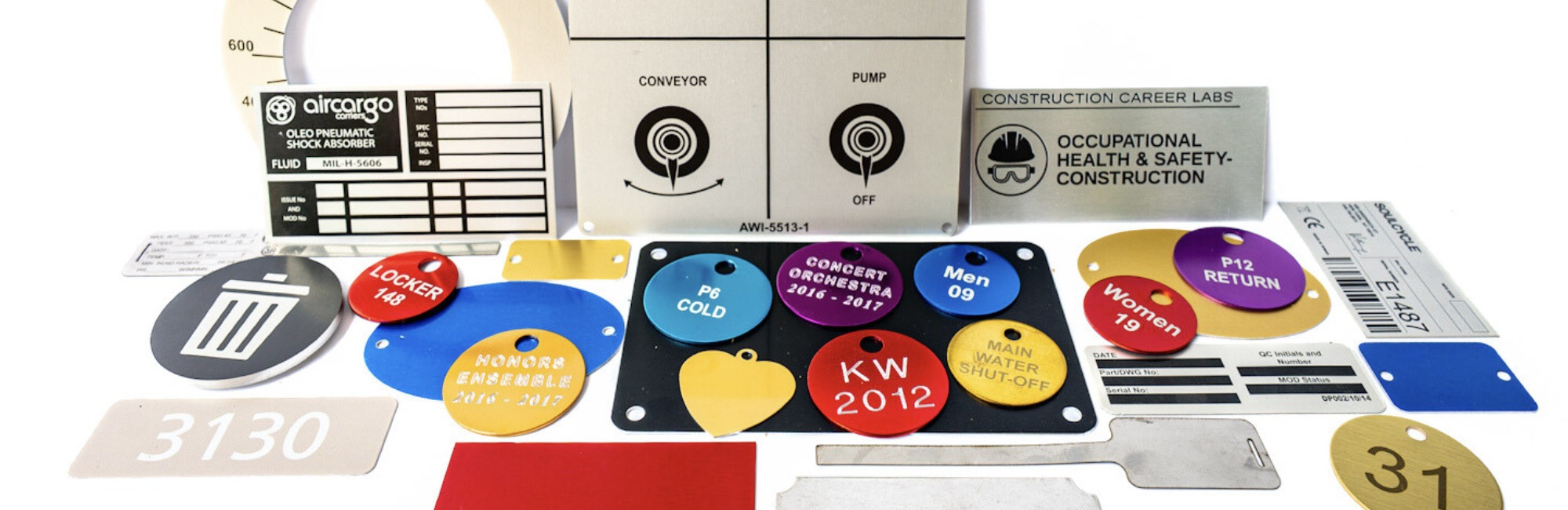 Order metal tags including, aluminum, brass, and stainless steel with different finishes.